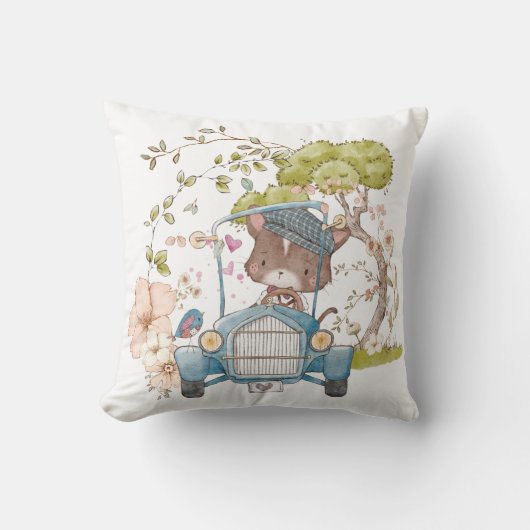 ヴィンテージかわいいキャットドライビングカーネーム男の赤ちゃん クッション (正面)