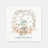 ヴィンテージかわいいクマの花模様の葉の男の子のシャワー スタンダードカクテルナプキン (正面)