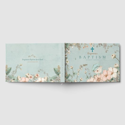 ヴィンテージかわいいクマの花緑のベビーバプテスマ ゲストブック (全面)