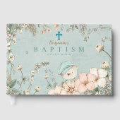 ヴィンテージかわいいクマの花緑のベビーバプテスマ ゲストブック (正面)