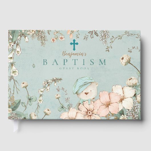 ヴィンテージかわいいクマの花緑のベビーバプテスマ ゲストブック (正面)