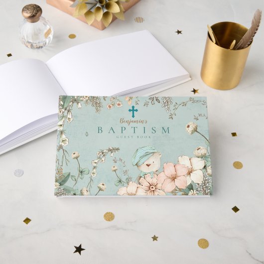 ヴィンテージかわいいクマの花緑のベビーバプテスマ ゲストブック (正面見開き)