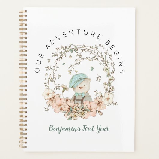 ヴィンテージかわいいクマ花模様一年少年ベビー本 プランナー手帳 (正面)