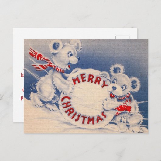 ヴィンテージかわいいクマ雪だるまメリークリスマス シーズンポストカード (正面/裏面)