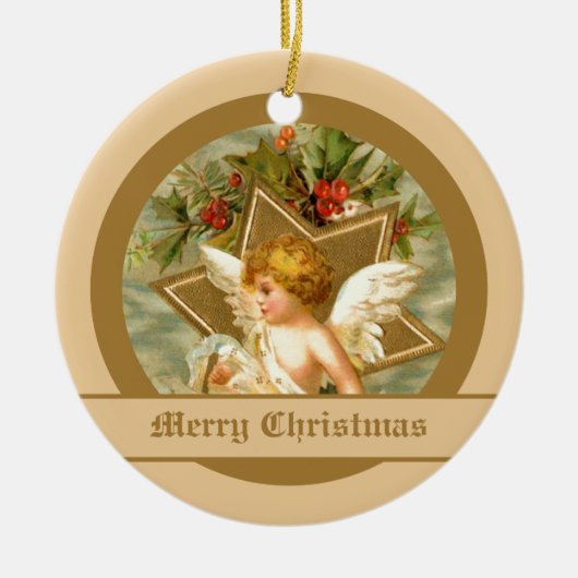 ヴィンテージかわいいクリスマスの天使とスター セラミックオーナメント (正面)