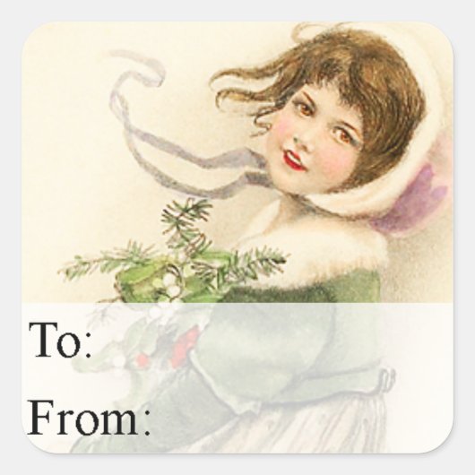 ヴィンテージかわいいクリスマスガールギフトラベル スクエアシール (正面)