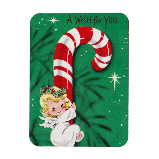 ヴィンテージかわいいクリスマスベビーエンジェルオンザキャンディーケーン マグネット (縦)