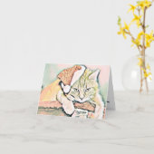 ヴィンテージかわいいクリスマス猫の水彩色 カード (黄色い花)