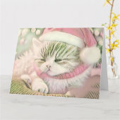 ヴィンテージかわいいクリスマス猫の水彩色 カード (黄色い花)