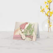 ヴィンテージかわいいクリスマス猫の水彩色 カード (黄色い花)