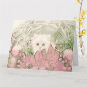 ヴィンテージかわいいクリスマス猫の水彩色 カード (黄色い花)