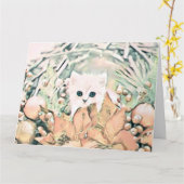 ヴィンテージかわいいクリスマス猫の水彩色 カード (黄色い花)