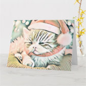 ヴィンテージかわいいクリスマス猫の水彩色 カード (黄色い花)