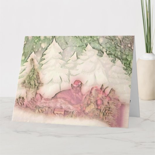 ヴィンテージかわいいクリスマス猫の水彩色 カード (正面)