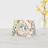 ヴィンテージかわいいクリスマス猫の水彩色 カード (黄色い花)