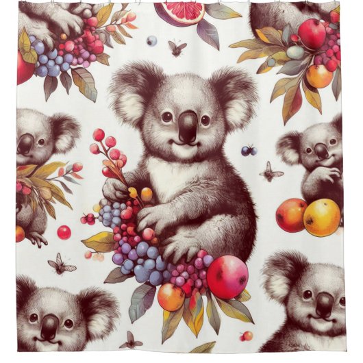 ヴィンテージかわいいコアラ絵を描のシームレス シャワーカーテン (正面)