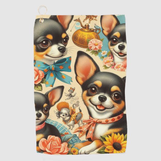 ヴィンテージかわいいシームレスチワワ ゴルフタオル (正面)