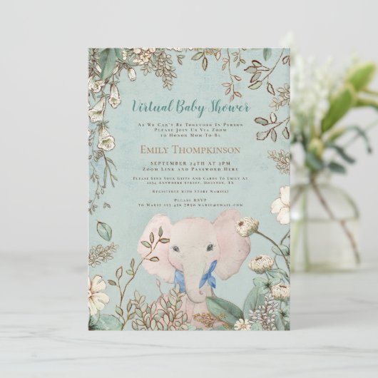ヴィンテージかわいいゾウ緑の仮想ベビーシャワー 招待状 (スタンド正面)