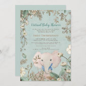 ヴィンテージかわいいゾウ緑の仮想ベビーシャワー 招待状 (正面/裏面)