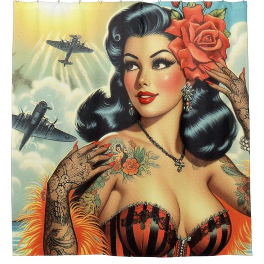 ヴィンテージかわいいタトゥーガール シャワーカーテン (正面)