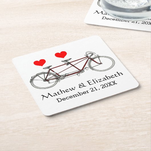 ヴィンテージかわいいタンデム自転車カスタムウェディング スクエアペーパーコースター (アングル)