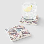 ヴィンテージかわいいナマケモノのシームレスな水色 ストーンコースター (横)