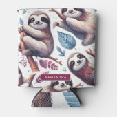 ヴィンテージかわいいナマケモノのシームレスな水色 缶クーラー (正面)