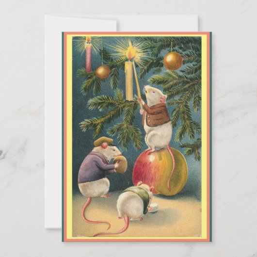 ヴィンテージかわいいネズミ照明キャンドルクリスマスツリー シーズンカード (正面)