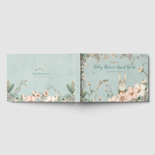 ヴィンテージかわいいバニーの花が赤ちゃんのシャワーを望む ゲストブック (全面)