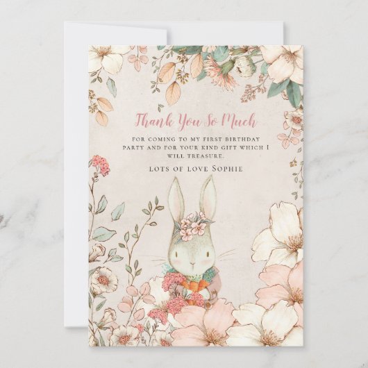 ヴィンテージかわいいバニーピンクガールファースト誕生日 サンキューカード (正面)