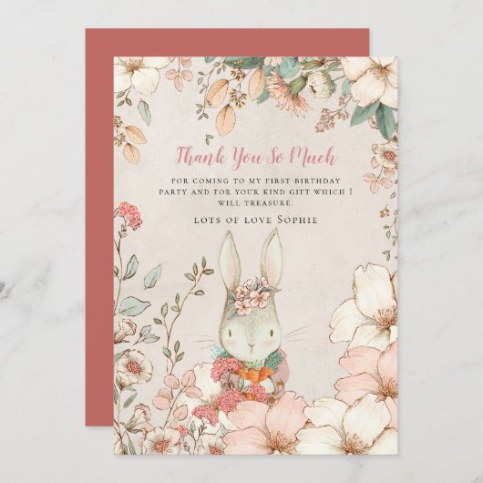ヴィンテージかわいいバニーピンクガールファースト誕生日 サンキューカード (正面/裏面)