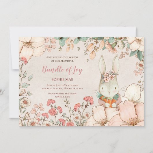 ヴィンテージかわいいバニーフォトフラワーベビーガール誕生 案内状 (正面)