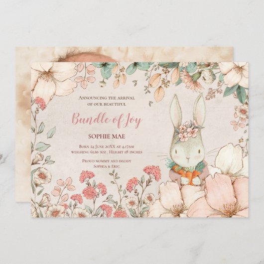 ヴィンテージかわいいバニーフォトフラワーベビーガール誕生 案内状 (正面/裏面)