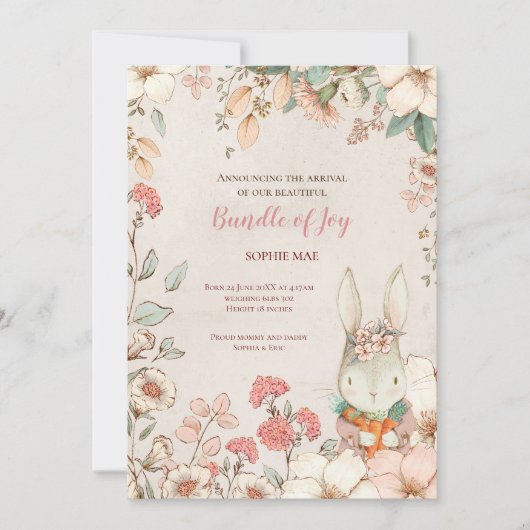 ヴィンテージかわいいバニーフォトフラワーベビーガール誕生 案内状 (正面)