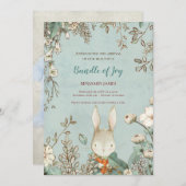 ヴィンテージかわいいバニーフォトリーフフローラベビー誕生 案内状 (正面/裏面)