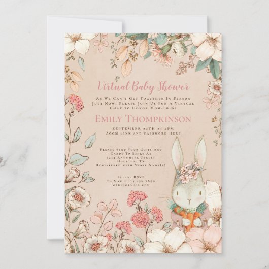 ヴィンテージかわいいバニーフローラリーフ仮想ベビーシャワー 招待状 (正面)