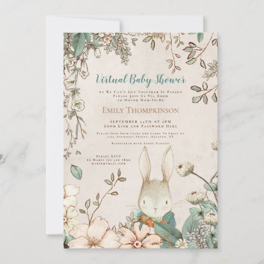 ヴィンテージかわいいバニーフローラリーフ仮想ベビーシャワー 招待状 (正面)