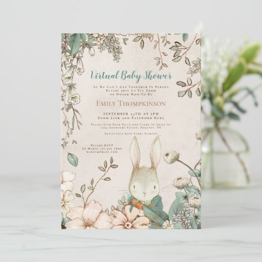 ヴィンテージかわいいバニーフローラリーフ仮想ベビーシャワー 招待状 (スタンド正面)