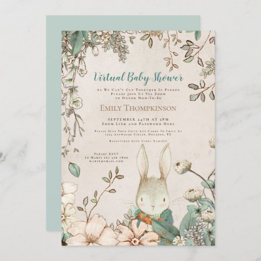 ヴィンテージかわいいバニーフローラリーフ仮想ベビーシャワー 招待状 (正面/裏面)