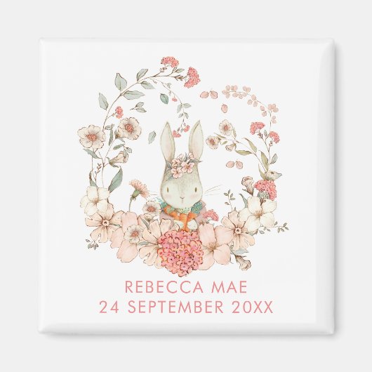 ヴィンテージかわいいバニーボタニカルネームデイト誕生ガール マグネット (正面)