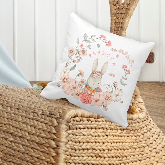 ヴィンテージかわいいバニーボタニカルネームベビーガールホワイト クッション
