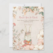 ヴィンテージかわいいバニーボタニカルピンクの女の子ベビーシャワー サンキューカード (正面)