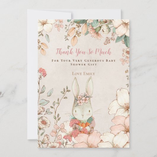 ヴィンテージかわいいバニーボタニカルピンクの女の子ベビーシャワー サンキューカード (正面)