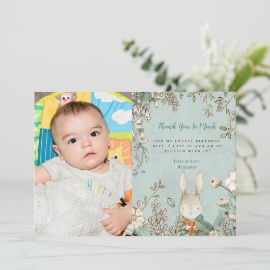 ヴィンテージかわいいバニー写真ファースト誕生日ありがとう サンキューカード (スタンド正面)