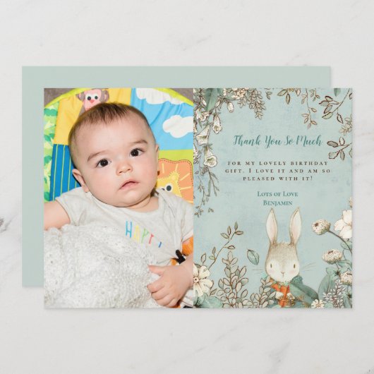 ヴィンテージかわいいバニー写真ファースト誕生日ありがとう サンキューカード (正面/裏面)