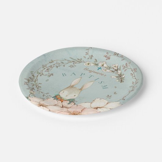 ヴィンテージかわいいバニー植物学の少年グリーンバプテスマ ペーパープレート (アングル)