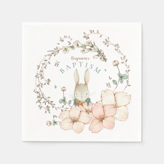 ヴィンテージかわいいバニー植物学の少年バプテスマ スタンダードカクテルナプキン (正面)