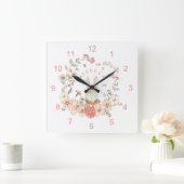 ヴィンテージかわいいバニー花模様名ベビーガール子供部屋 スクエア壁時計 (ホーム)