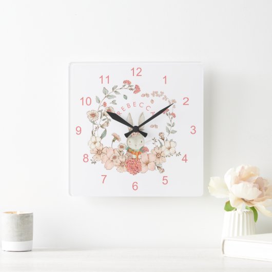ヴィンテージかわいいバニー花模様名ベビーガール子供部屋 スクエア壁時計 (ホーム)