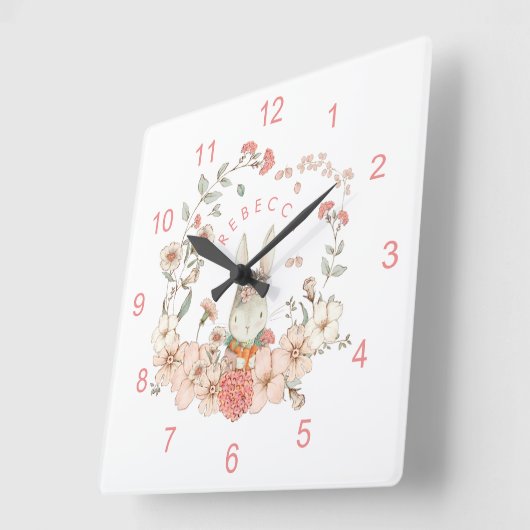 ヴィンテージかわいいバニー花模様名ベビーガール子供部屋 スクエア壁時計 (傾斜)